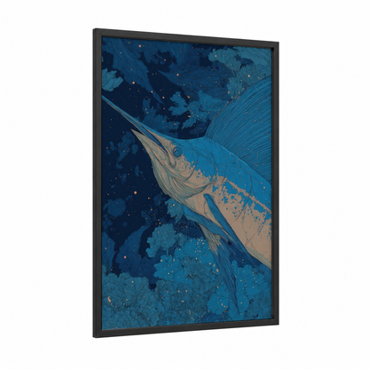 Sailfish Ascent framed art print — black wood frame — blue and gold palette
