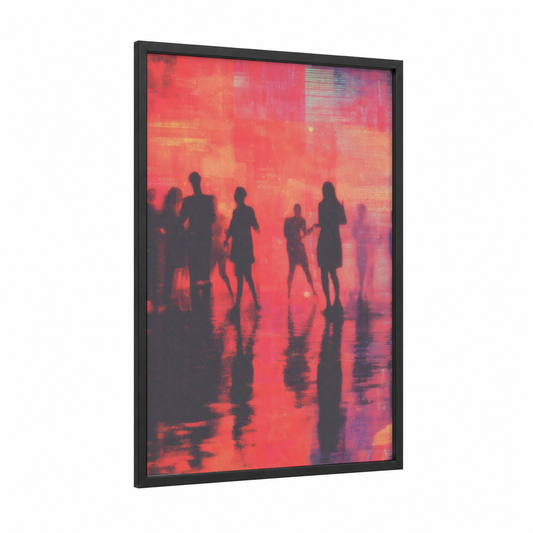 Neon Disco Crowd framed art print — black wood frame — magenta and orange palette