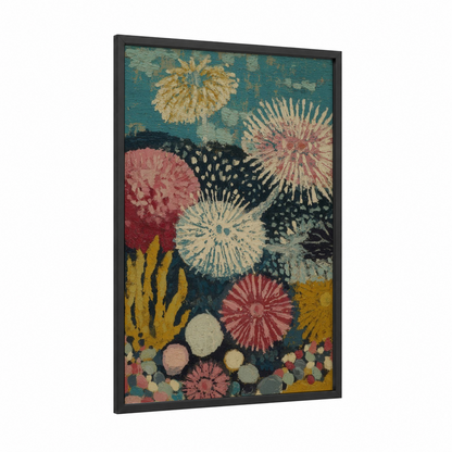 Coral Garden Sea Urchins framed art print — black wood frame — teal and salmon pink palette