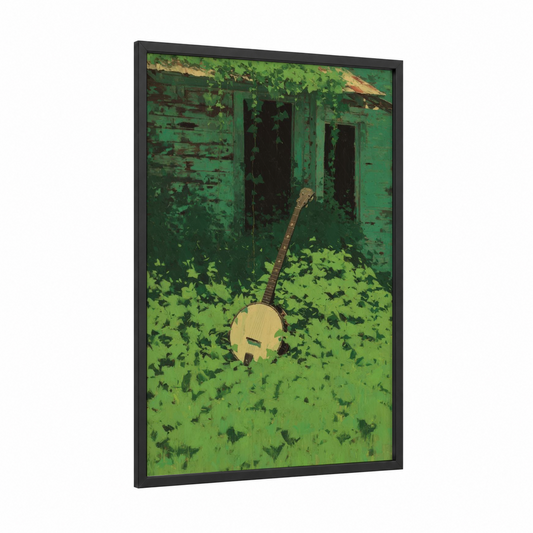 Abandoned Banjo framed art print — black wood frame — green and cream palette