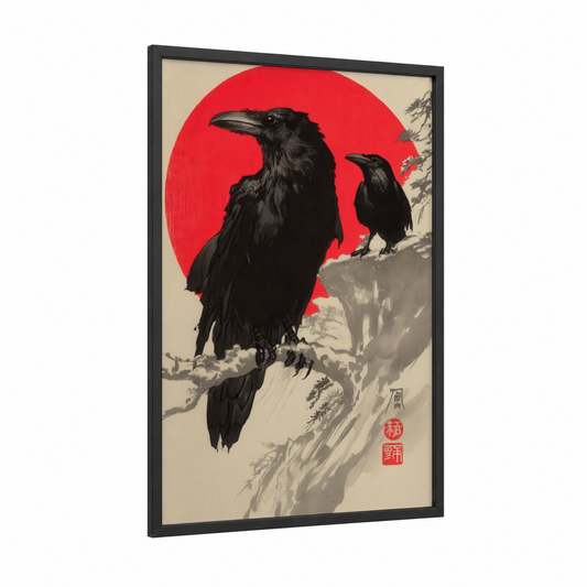 Crimson Sentinel Ravens framed crows and ravens print — black wood frame — black and red palette
