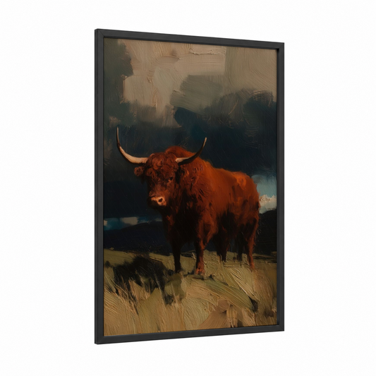 Highland Angus Portrait framed angus cow print — black wood frame — russet and dove gray palette