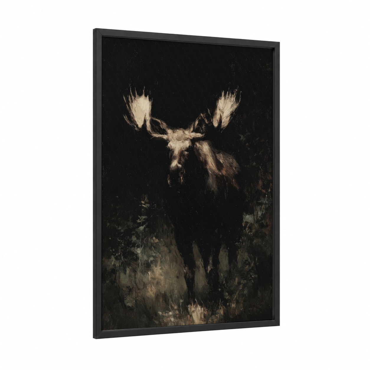 Nocturnal Moose framed art print — black wood frame — black and cream palette