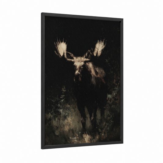Nocturnal Moose framed art print — black wood frame — black and cream palette