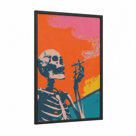 Skeletal Smoke framed art print — black wood frame — orange and pink palette