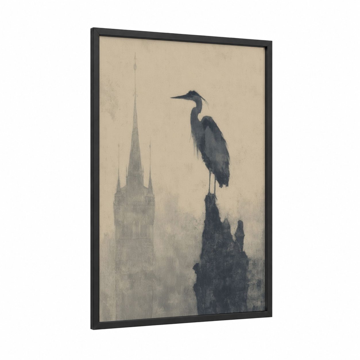 Prague Heron framed charles bridge print — black wood frame — gray and cream palette