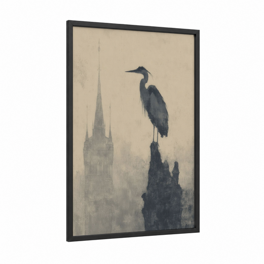 Prague Heron framed charles bridge print — black wood frame — gray and cream palette