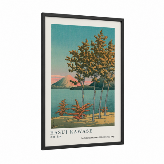 Lakeside Autumn Trees framed art print — black wood frame — teal and gold palette