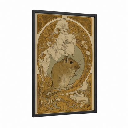 Gerbil with Flowers framed art print — black wood frame — gold and cream palette