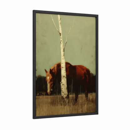 Russet Quarter Horse framed art print — black wood frame — sage green and russet palette