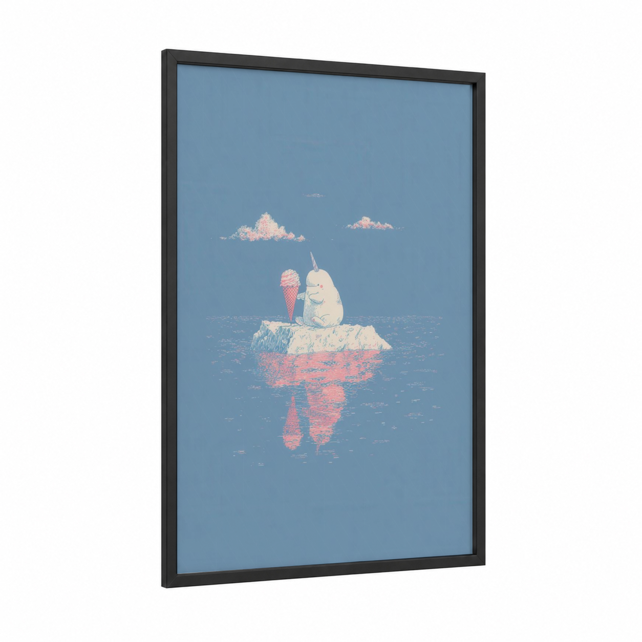 Whimsical Narwhal framed art print — black wood frame — blue and white and salmon pink palette