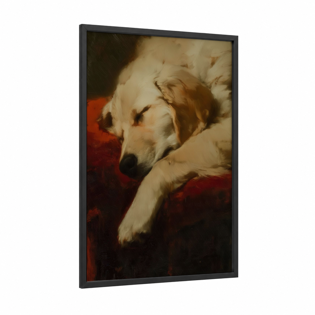 Sleeping Retriever framed art print — black wood frame — cream and russet palette