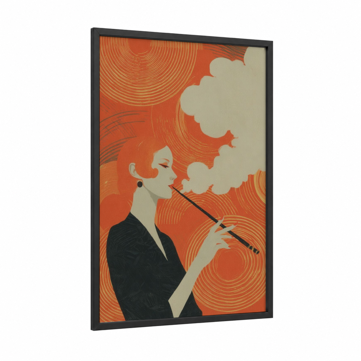 Retro Smoke Dreams framed art print — black wood frame — pumpkin and cream palette