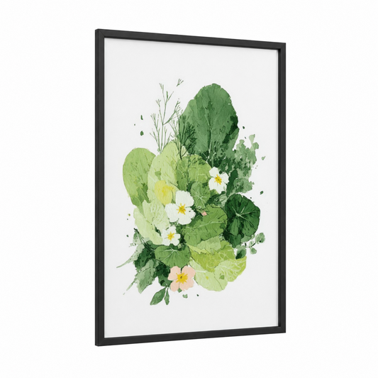 Garden Salad Composition framed art print — black wood frame — light green and green palette