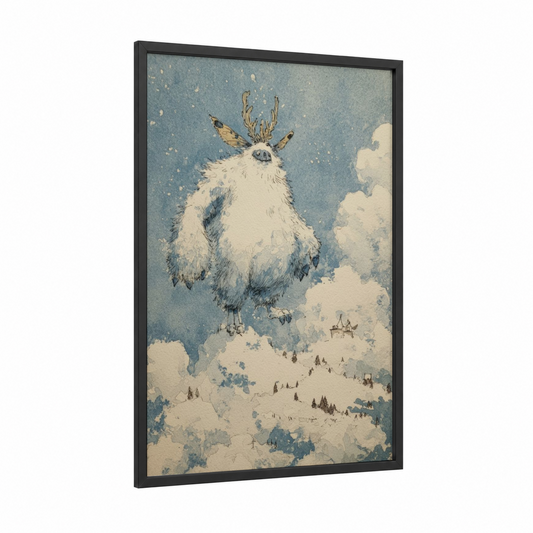 Snowy Yeti framed art print — black wood frame — blue and white palette