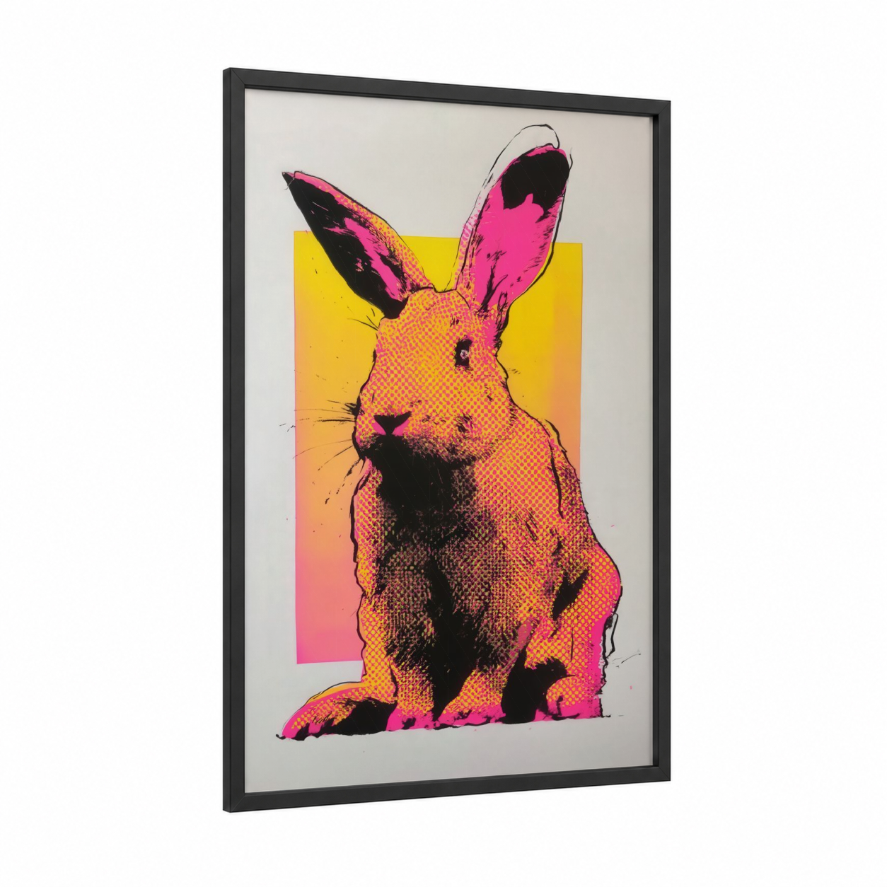 Pop Art Rabbit framed art print — black wood frame — magenta and yellow gold palette