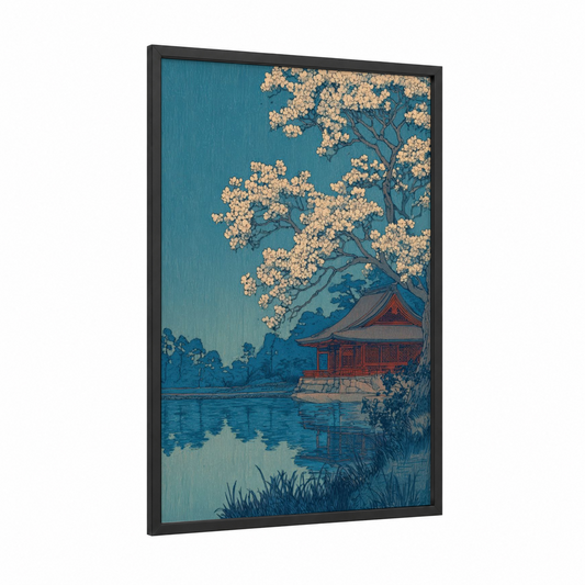 Crimson Pavilion Dogwood framed art print — black wood frame — teal and cream palette
