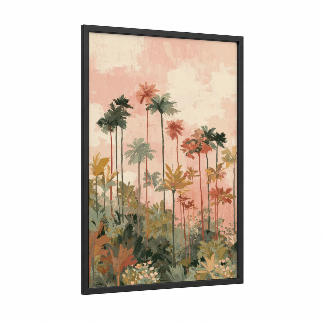 Tropical Palm Garden framed palm forest print — black wood frame — peach and light green palette