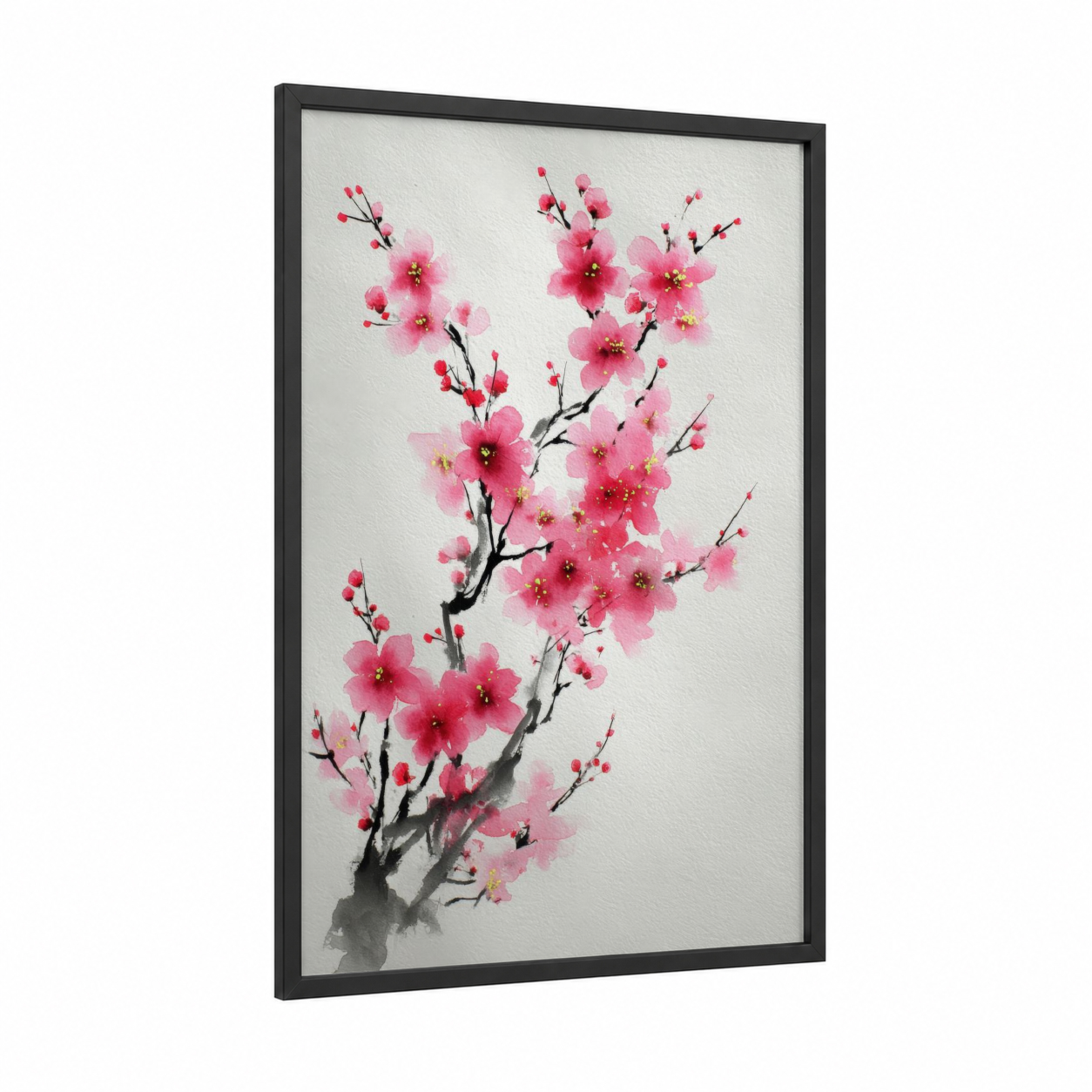 Pink Cherry Blossoms framed art print — black wood frame — pink and black and white palette