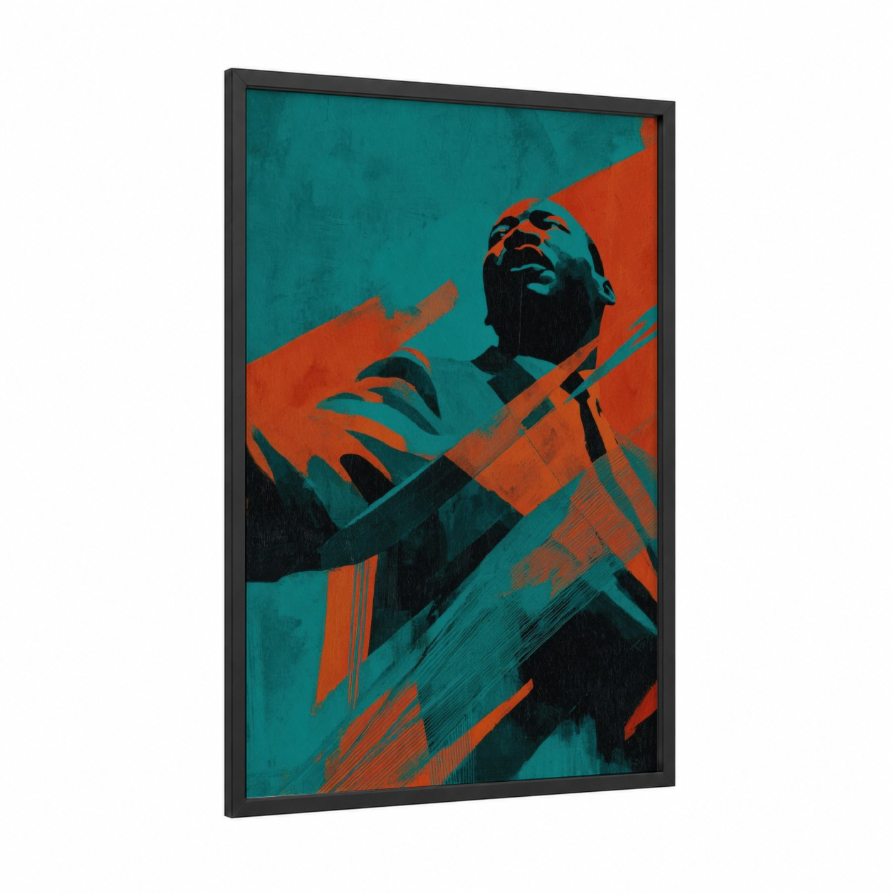 Dream Awakening framed martin luther king jr day print — black wood frame — teal and orange palette