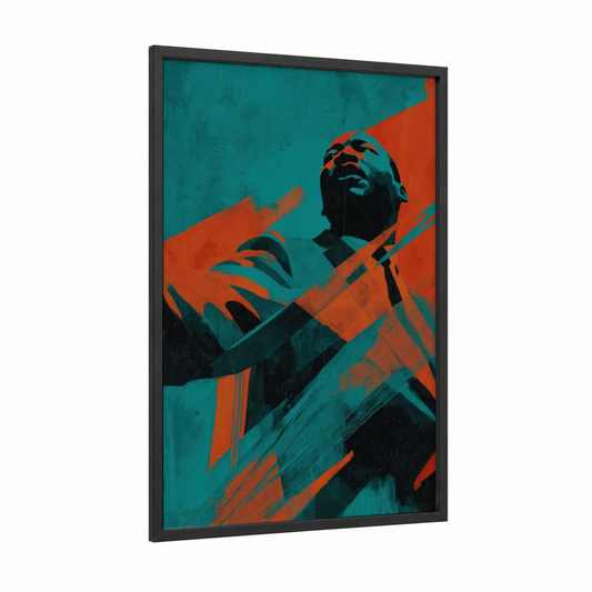 Dream Awakening framed martin luther king jr day print — black wood frame — teal and orange palette