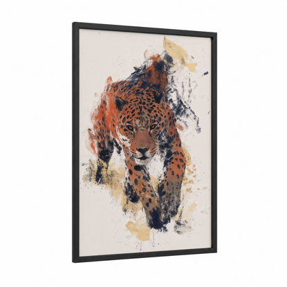 Spotted Jaguar framed art print — black wood frame — russet palette