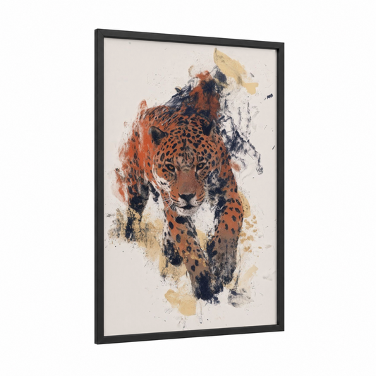 Spotted Jaguar framed art print — black wood frame — russet palette