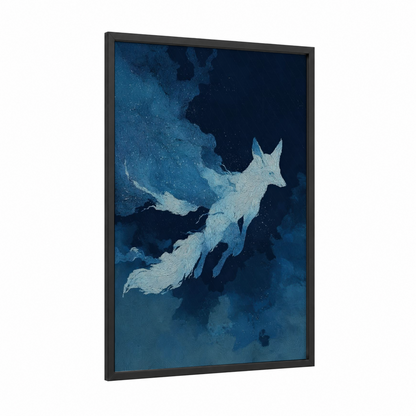 Celestial Fox framed art print — black wood frame — blue and white and dark blue palette