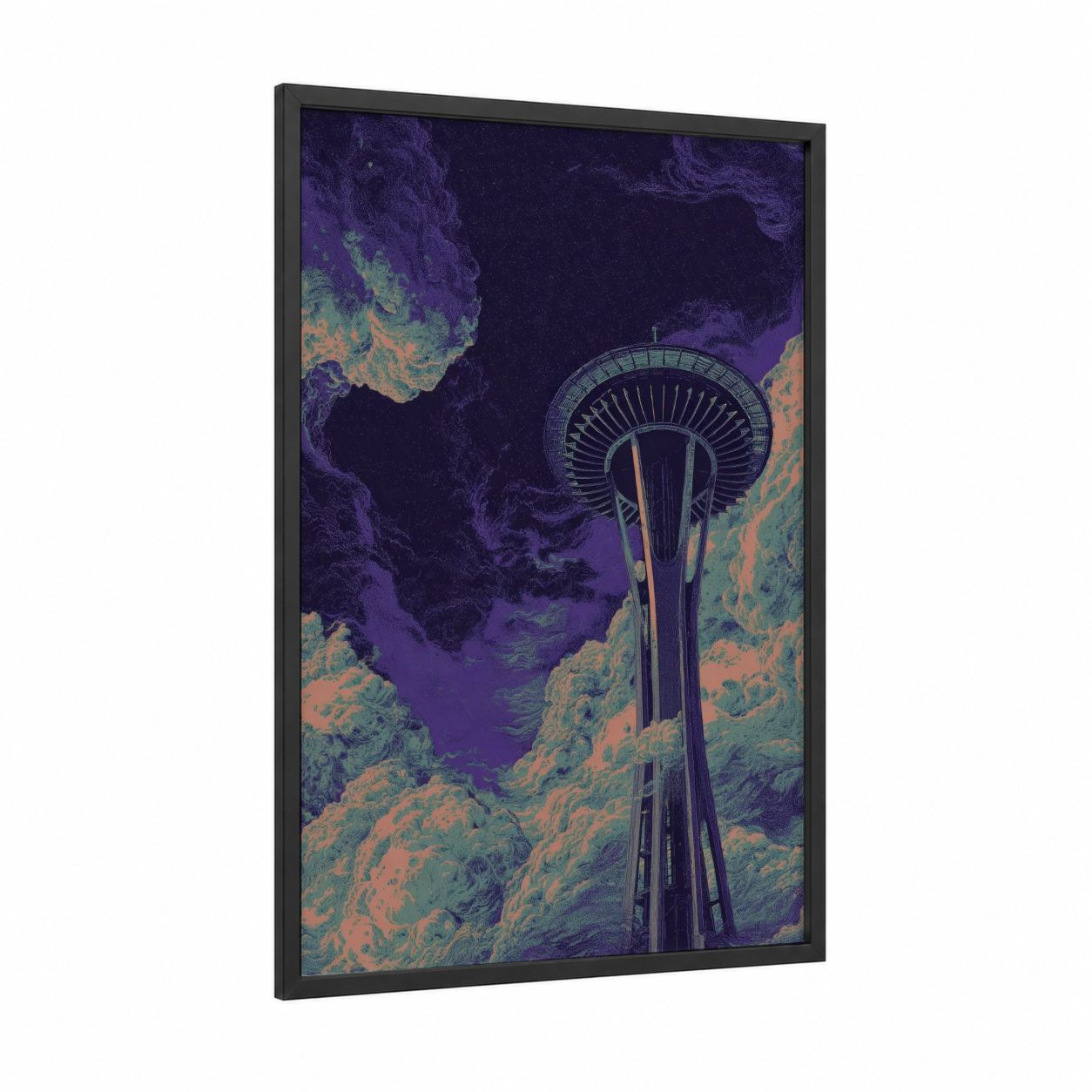 Neon Seattle Needle framed space needle (seattle) print — black wood frame — purple and teal palette
