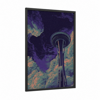 Neon Seattle Needle framed space needle (seattle) print — black wood frame — purple and teal palette