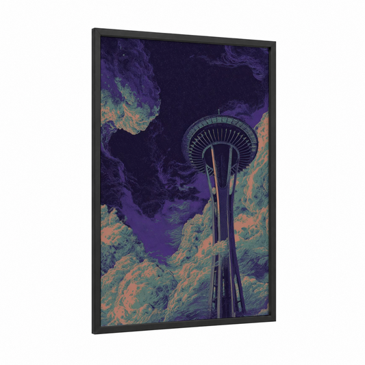 Neon Seattle Needle framed space needle (seattle) print — black wood frame — purple and teal palette