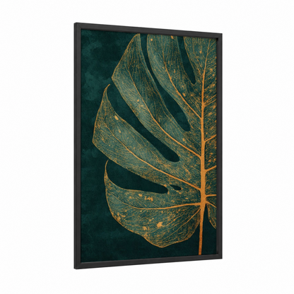 Golden Leaf Study framed art print — black wood frame — teal and gold palette