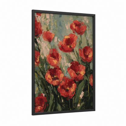 Crimson Tulip Garden framed art print — black wood frame — red and sage green palette