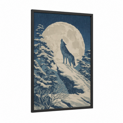 Howling Wolf Moon framed art print — black wood frame — dark blue and white palette