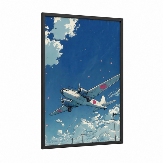 Vintage Propeller Skies framed vintage airplane print — black wood frame — royal blue and cream palette