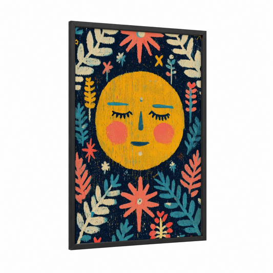 Serene Moon Face framed art print — black wood frame — gold and dark blue palette