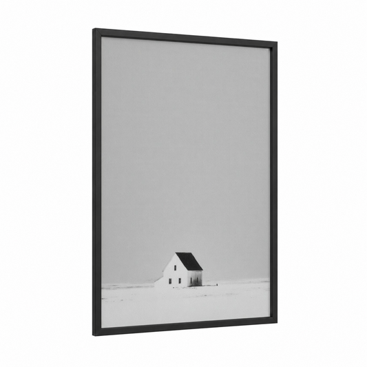 Solitary Barn framed art print — black wood frame — black and white and gray palette