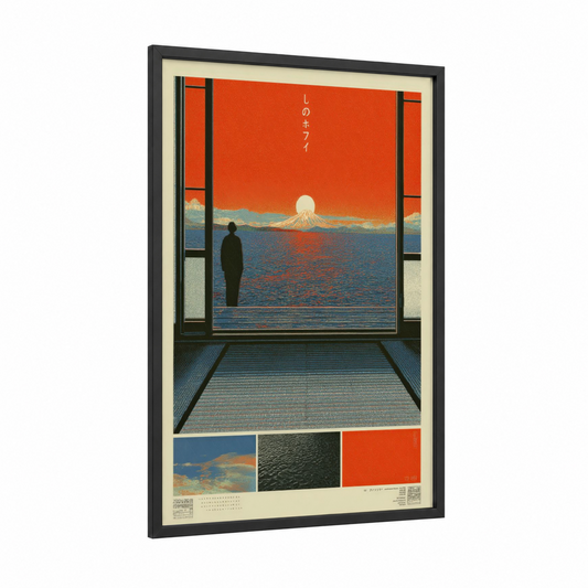 Mount Fuji Solitude framed japanese y2k print — black wood frame — orange and blue palette
