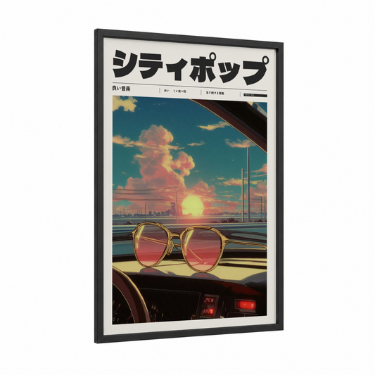 Sunset Cruiser framed anime and manga print — black wood frame — yellow gold and rose gold palette