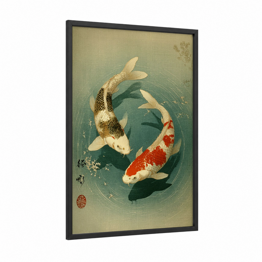 Circular Koi Duet framed koi fish print — black wood frame — gold and red palette