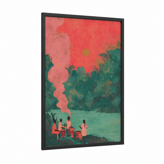 Lakeside Reggae framed art print — black wood frame — salmon pink and true green palette