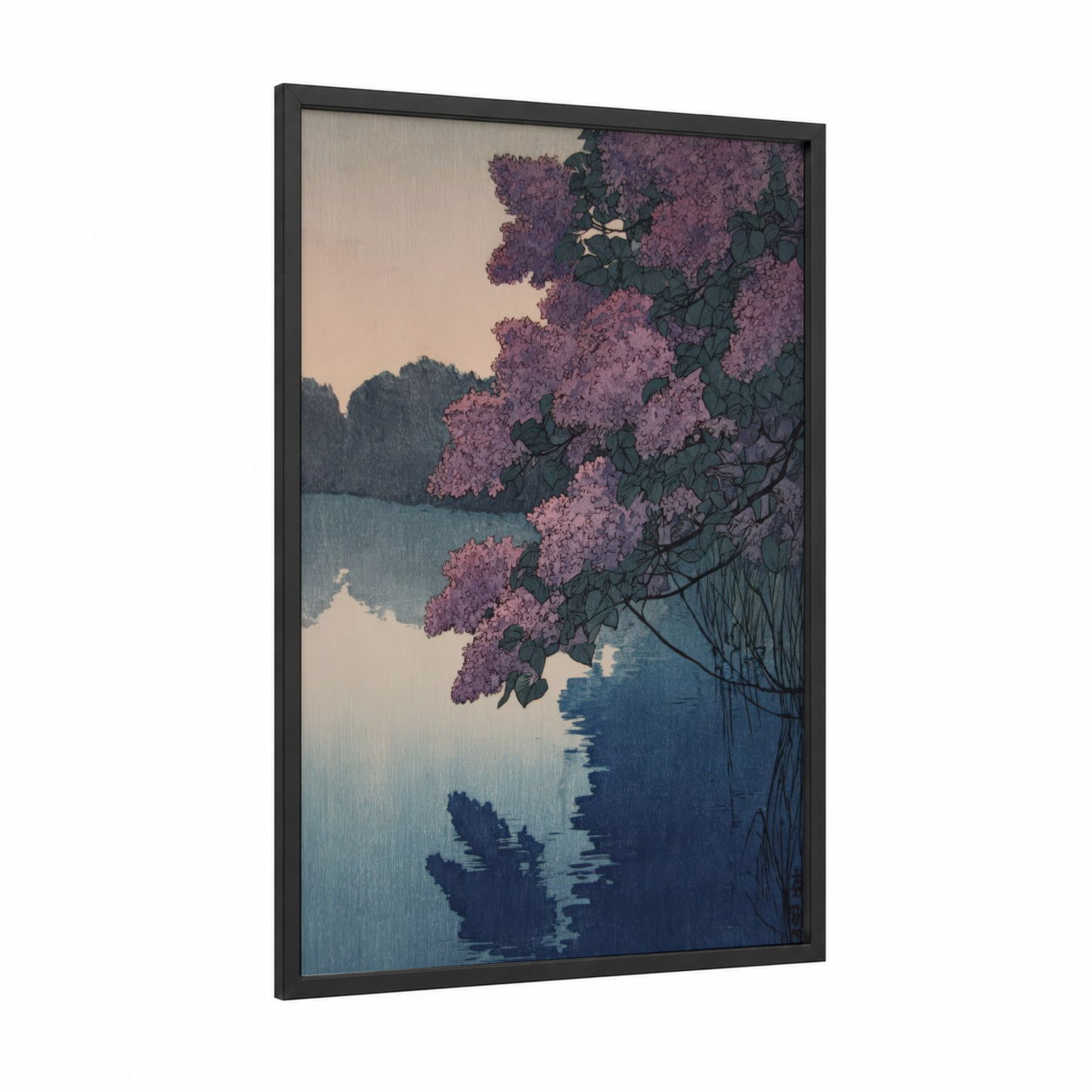 Lakeside Lilacs framed art print — black wood frame — lavender and teal palette