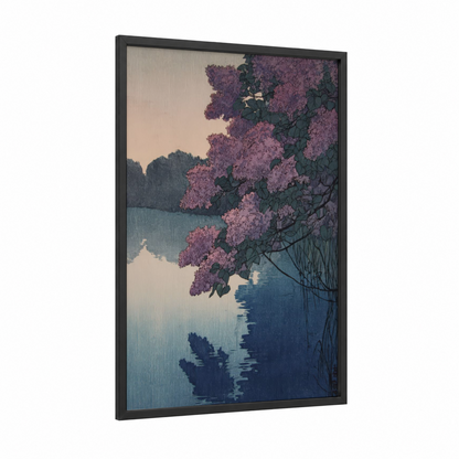Lakeside Lilacs framed art print — black wood frame — lavender and teal palette