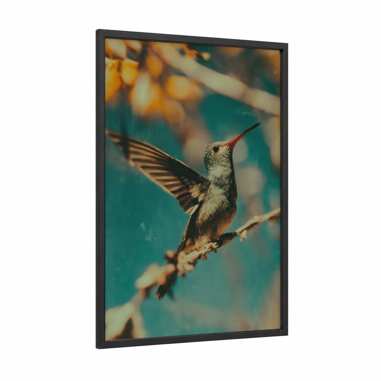 Ruby-Throated Hummingbird framed art print — black wood frame — gold and teal palette