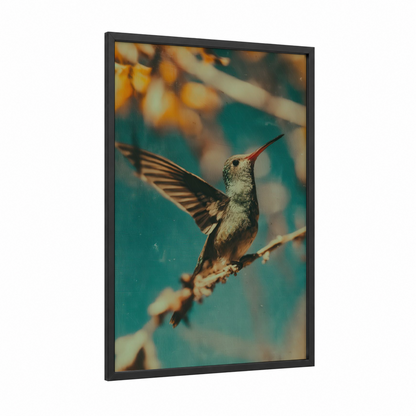 Ruby-Throated Hummingbird framed art print — black wood frame — gold and teal palette