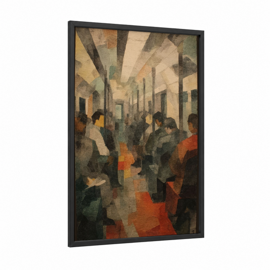 Urban Commute framed subway print — black wood frame — beige and olive palette