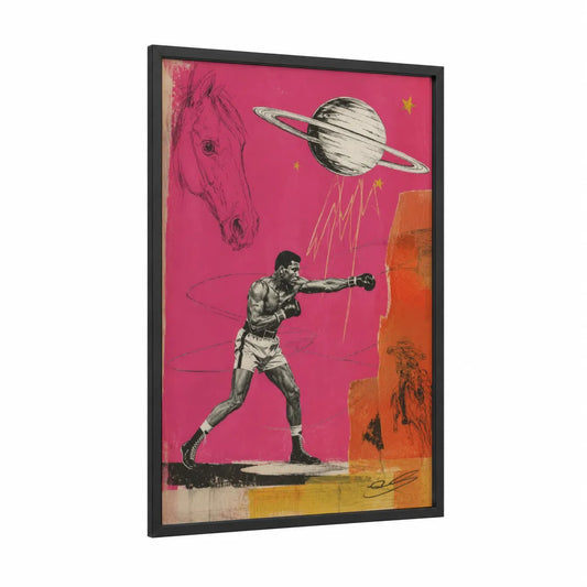 Surreal Boxing Horse Saturn Wall Art framed art print — black wood frame — magenta and orange palette