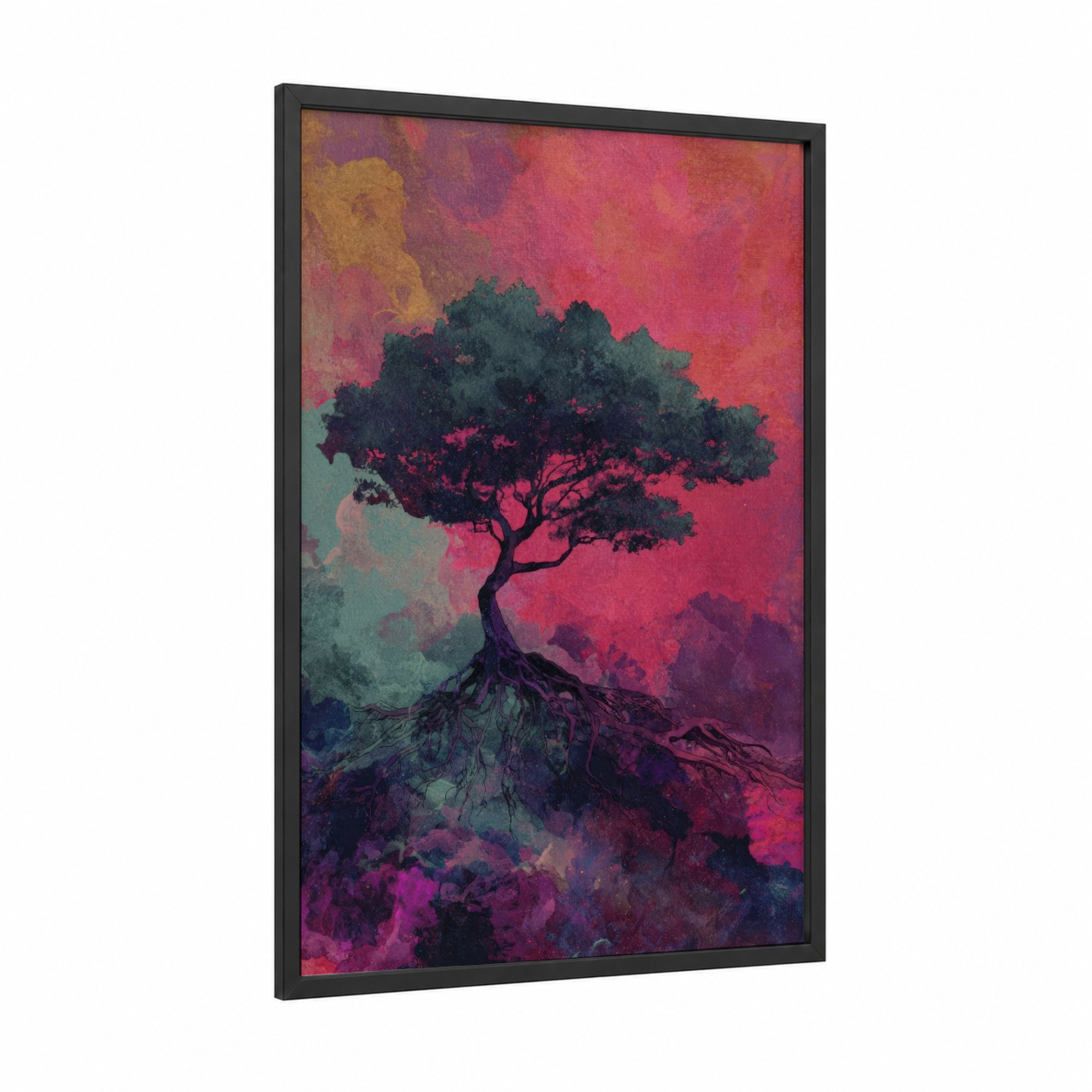 Crimson Kauri Tree framed art print — black wood frame — magenta and teal palette