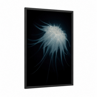 Bioluminescent Sea Urchin framed art print — black wood frame — black and turquoise palette