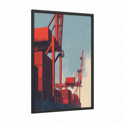 Industrial Port framed art print — black wood frame — red and blue and white palette